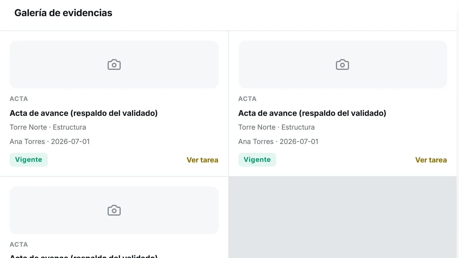 Galería de evidencias de Avantis con actas de avance por obra y frente