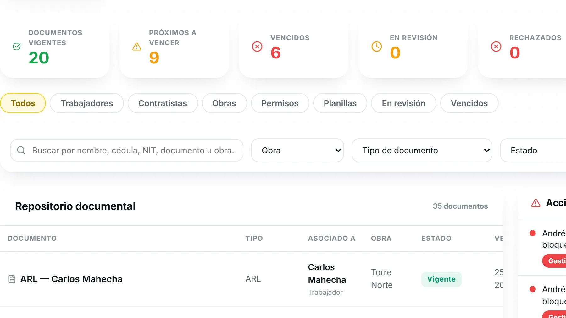 Repositorio documental de Avantis con documentos vigentes, por vencer y vencidos