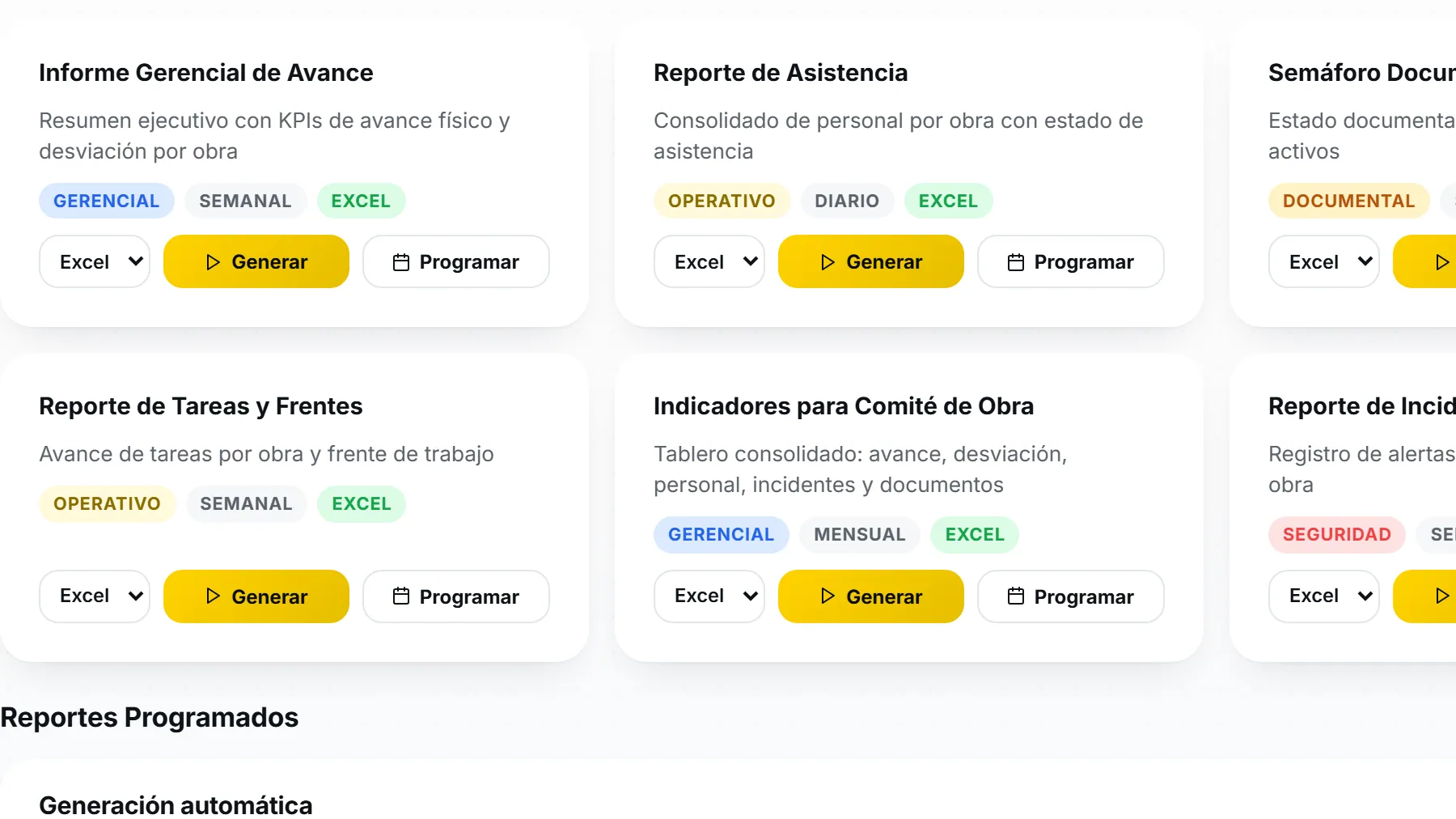 Catálogo de reportes de Avantis: informe gerencial, asistencia, semáforo y comité de obra