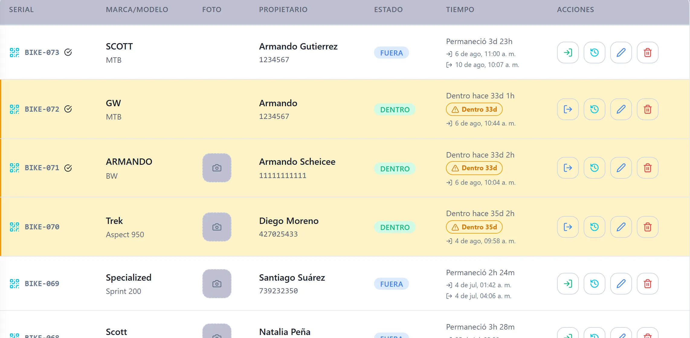 Filas del listado de bicicletas de Nexori con serial, propietario, estado y tiempo dentro
