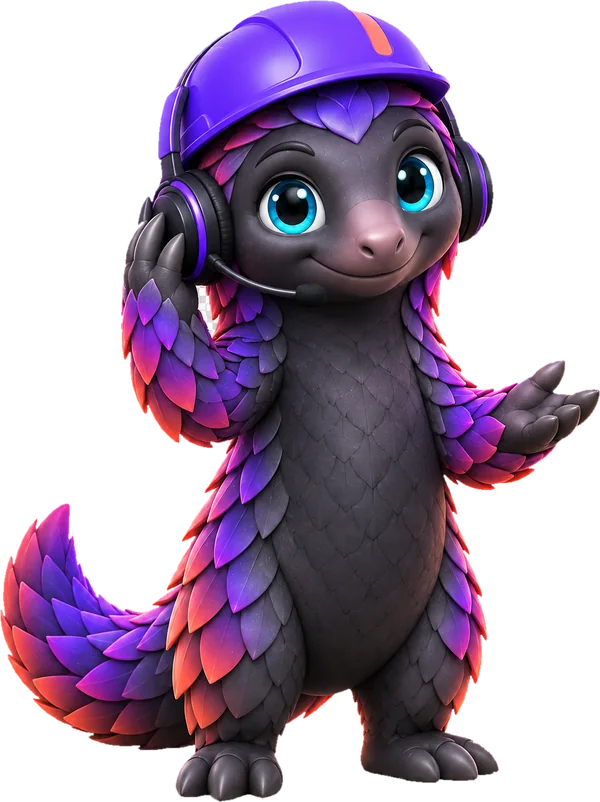 Pangolik, la mascota de Tavelik, con casco y diadema de soporte