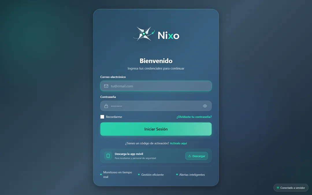 Nixo sign-in screen with welcome, form and mobile app download
